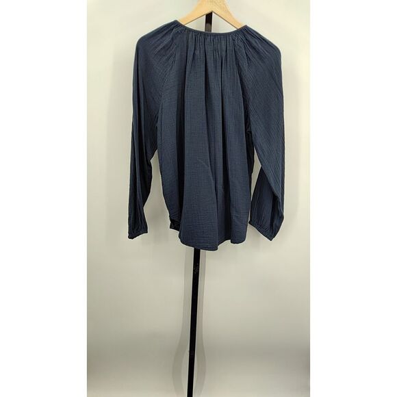 Quince Womens 100% Organic Cotton Gauze Peasant Blouse Indigo Blue M - Picture 2 of 2